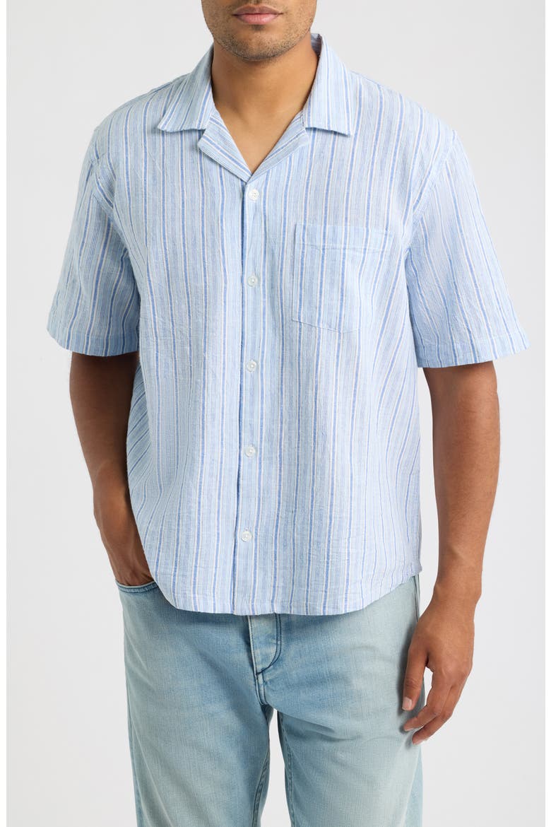 Stripe Cotton & Linen Camp Shirt, Main, color, BLU