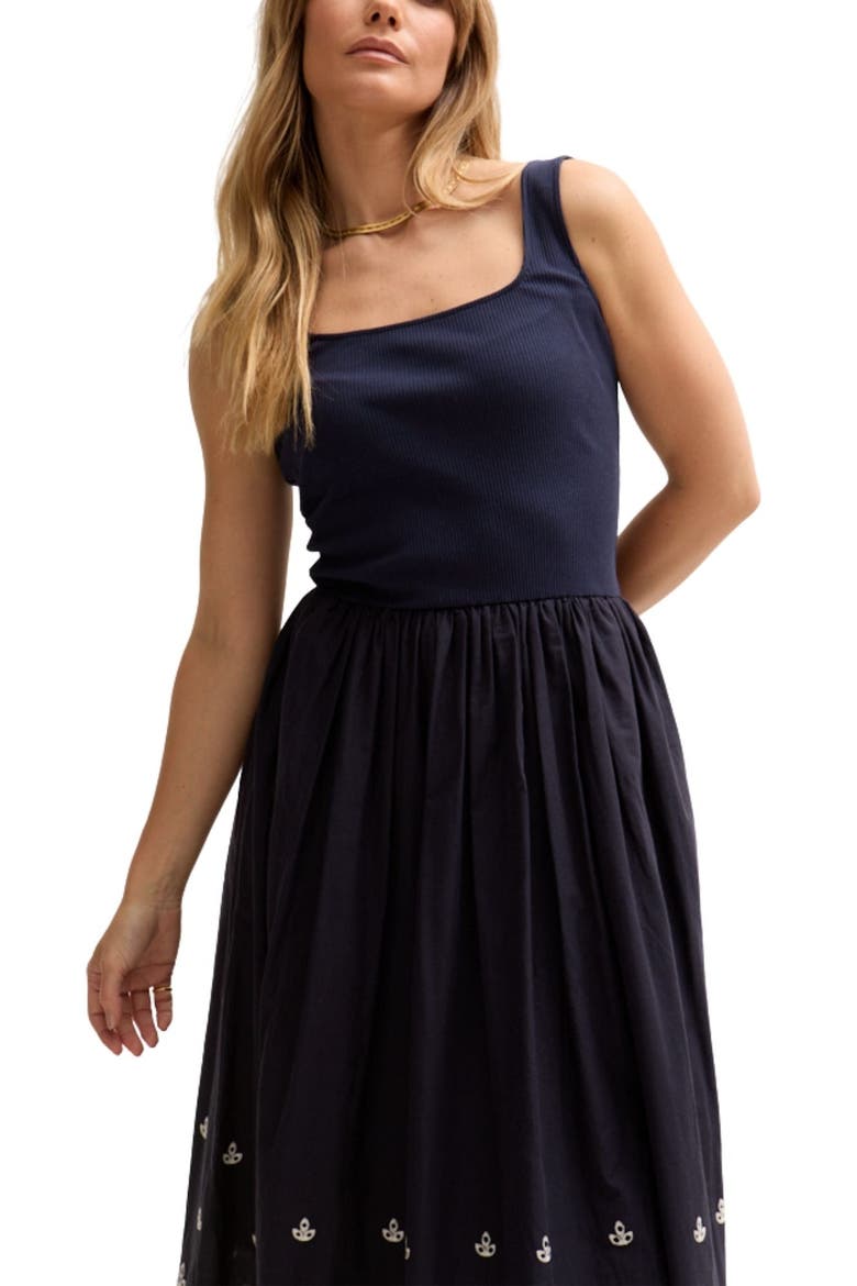 Cora Sleeveless Jersey Bodice Embroidered Midi Dress, Alternate, color, Navy