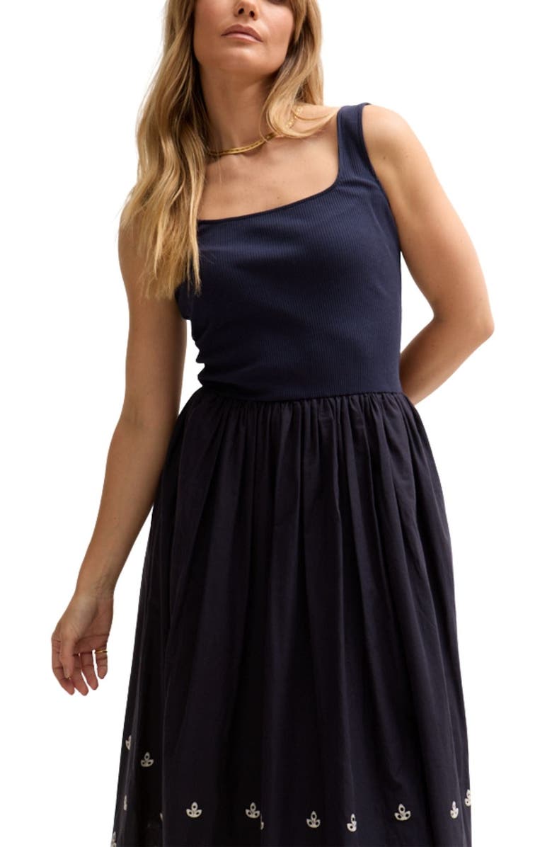 LILY AND LIONEL Cora Sleeveless Jersey Bodice Embroidered Midi Dress, Alternate, color, Navy