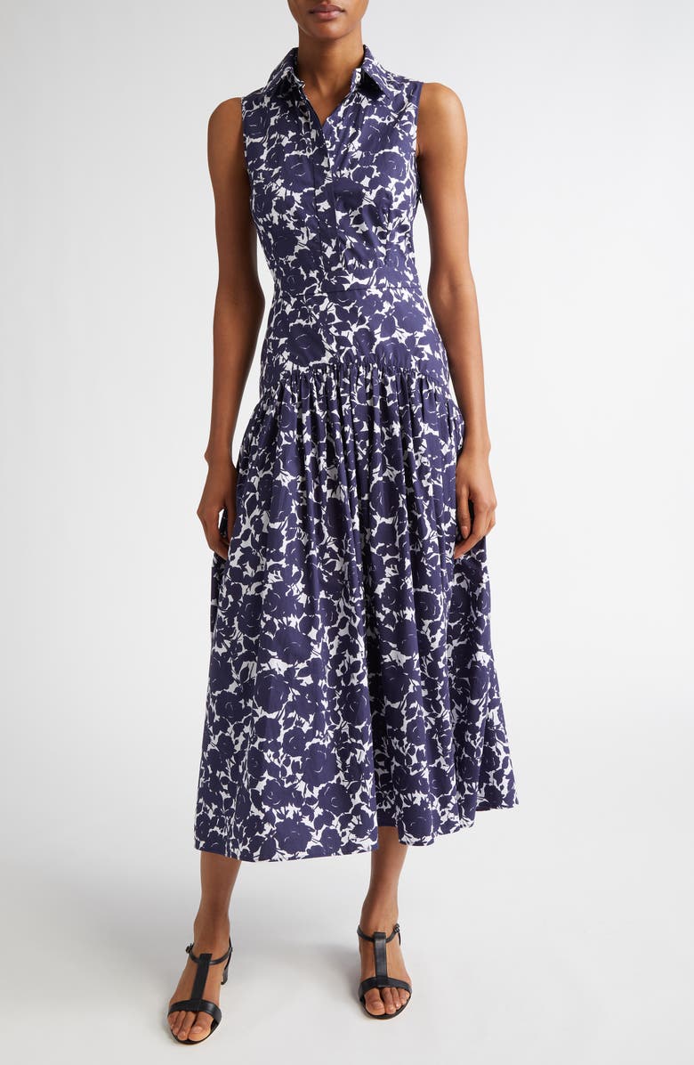 Michael Kors Collection Rose Print Drop Waist Cotton Poplin Midi Shirtdress, Main, color,
