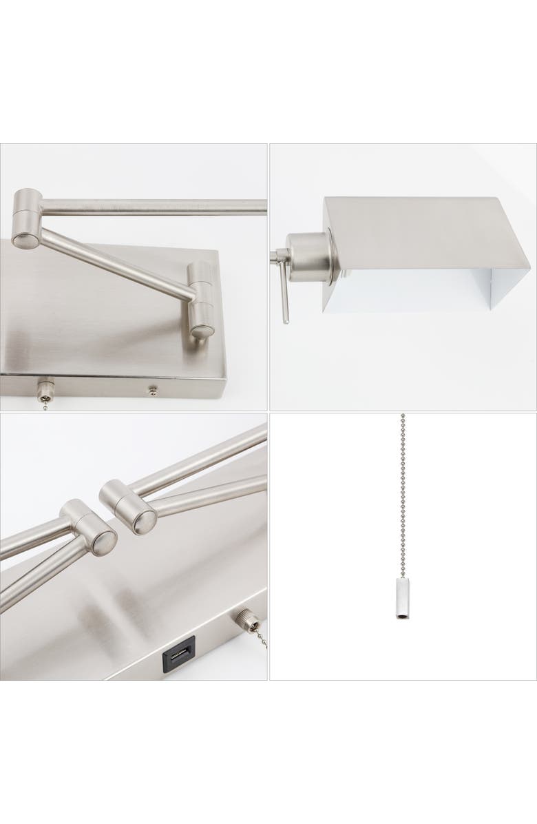 JONATHAN Y Arlo 2-Light Farmhouse Industrial Double Swing Arm Iron LED Wall Sconce with Pull-Chain USB Charging Port, Alternate, color, Nickel