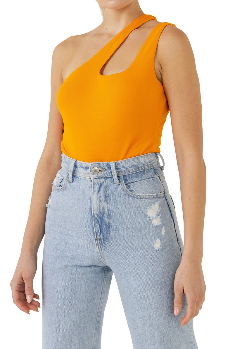 Grey Lab One-Shoulder Cutout Cotton Bodysuit, Alternate, color, Orange