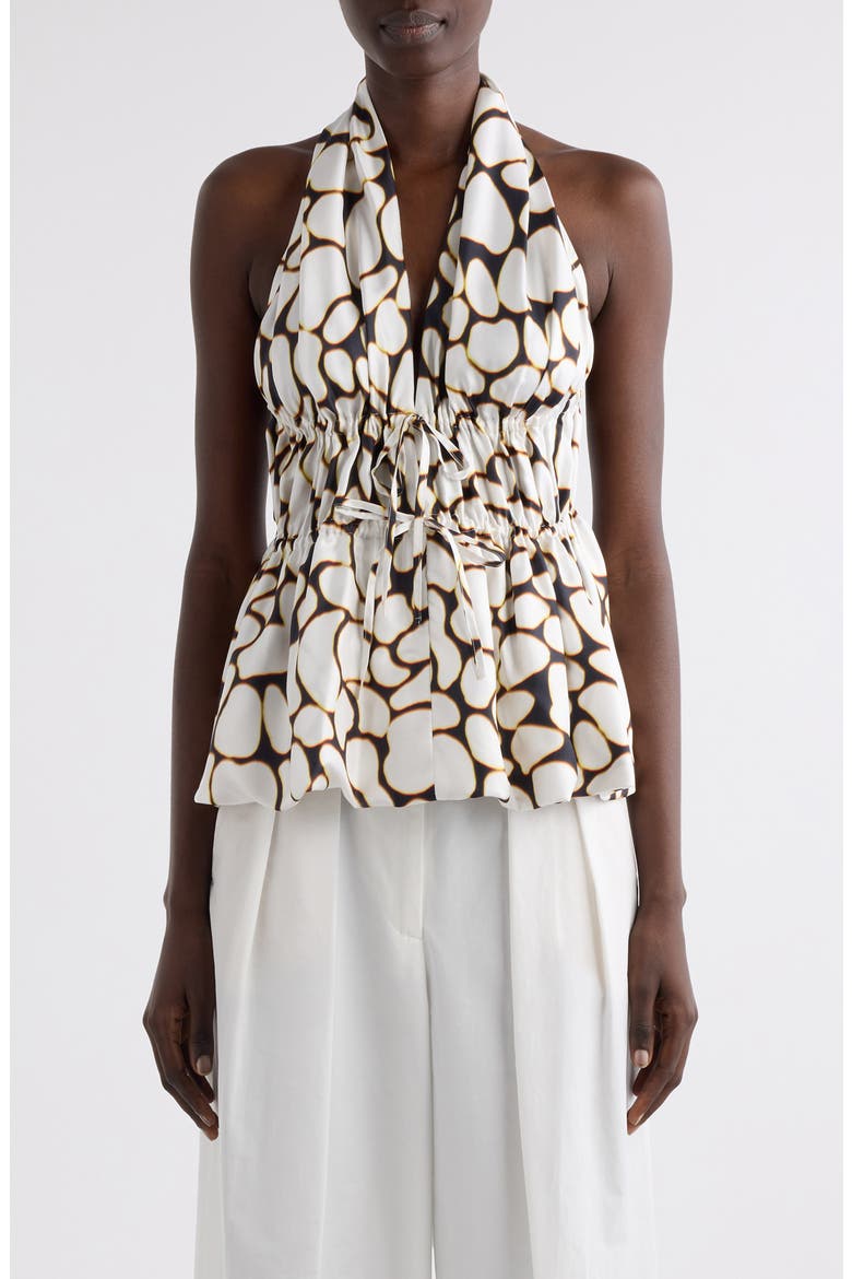 Ceana Print Ruched Silk Halter Top, Main, color, OFF WHITE