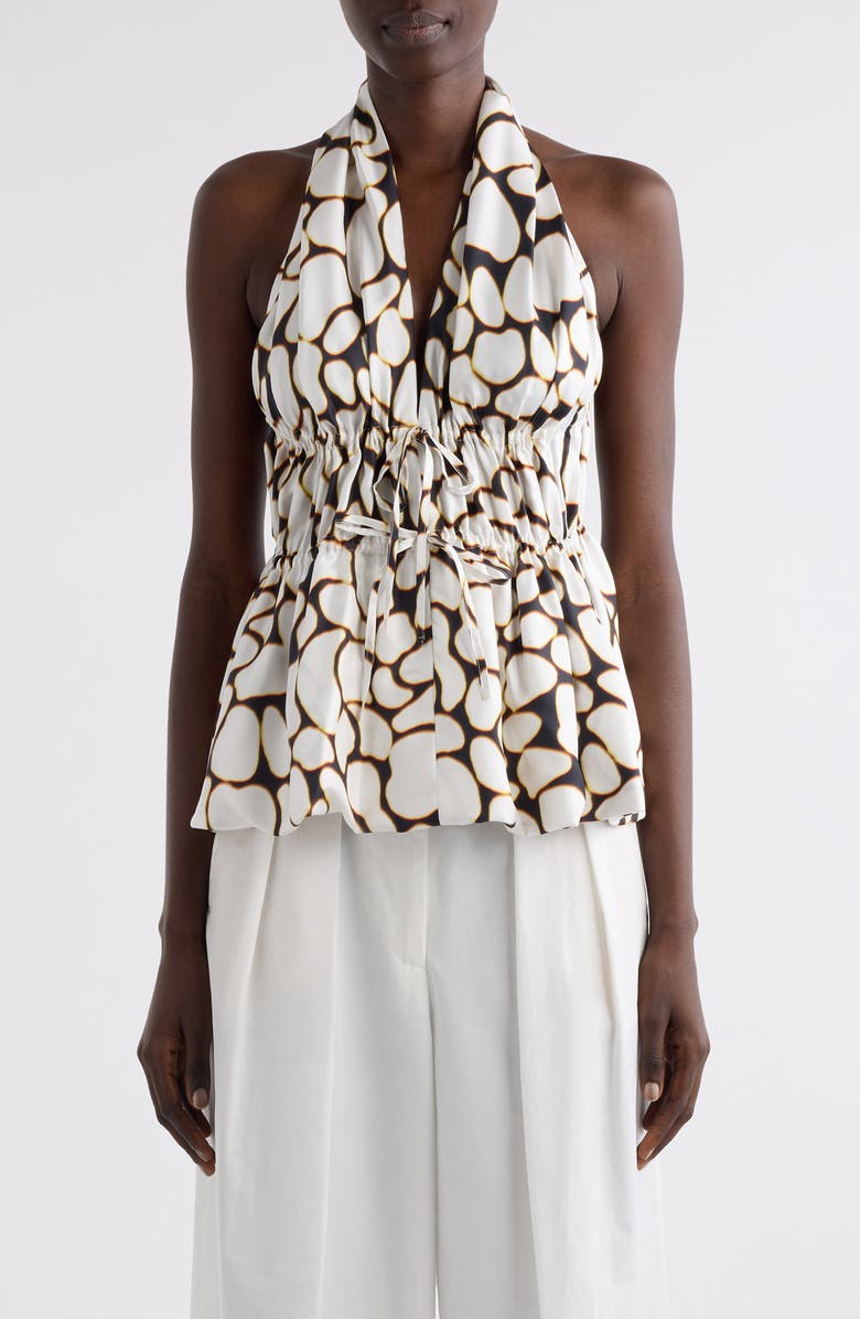 Dries Van Noten Ceana Print Ruched Silk Halter Top, Main, color, Off White