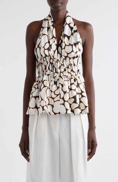Ceana Print Ruched Silk Halter Top
