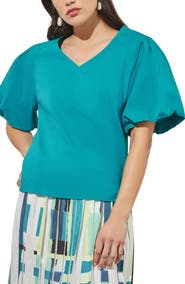 Ming Wang Puff Sleeve Cotton Blend Top