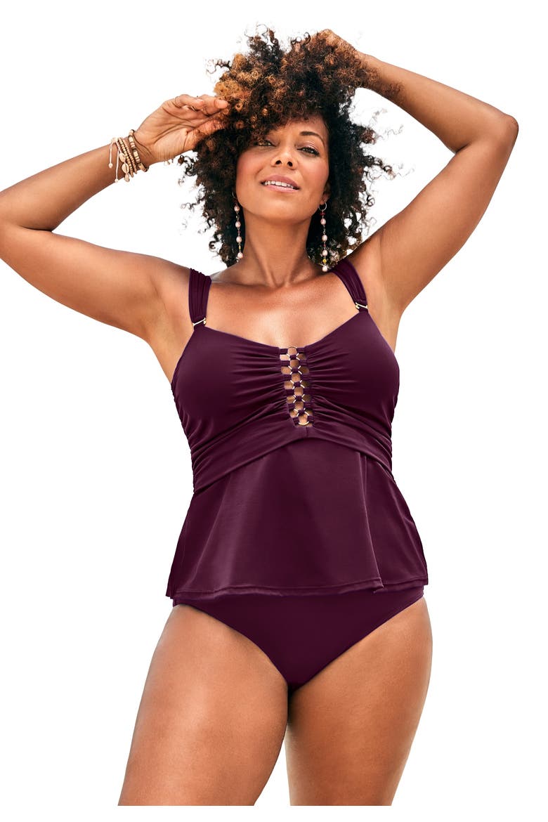 Underwire Shirred Ring Bandeau Tankini Top, Main, color, Black Cherry