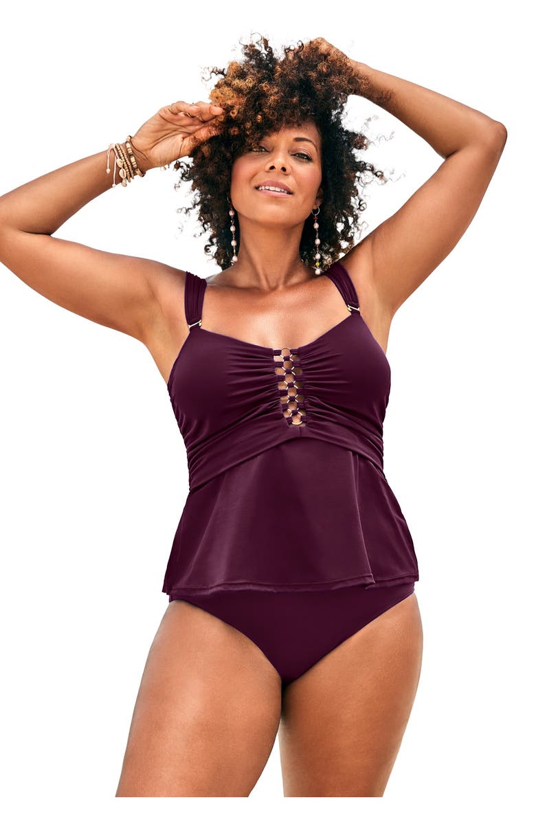 Swimsuits for All Underwire Shirred Ring Bandeau Tankini Top, Main, color, Black Cherry