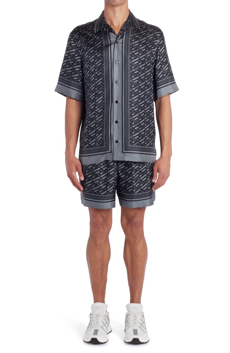 Versace La Greca Monogram Print Silk Twill Shorts, Alternate, color,