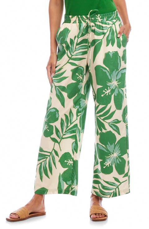 Floral Wide Leg Cotton Drawstring Pants
