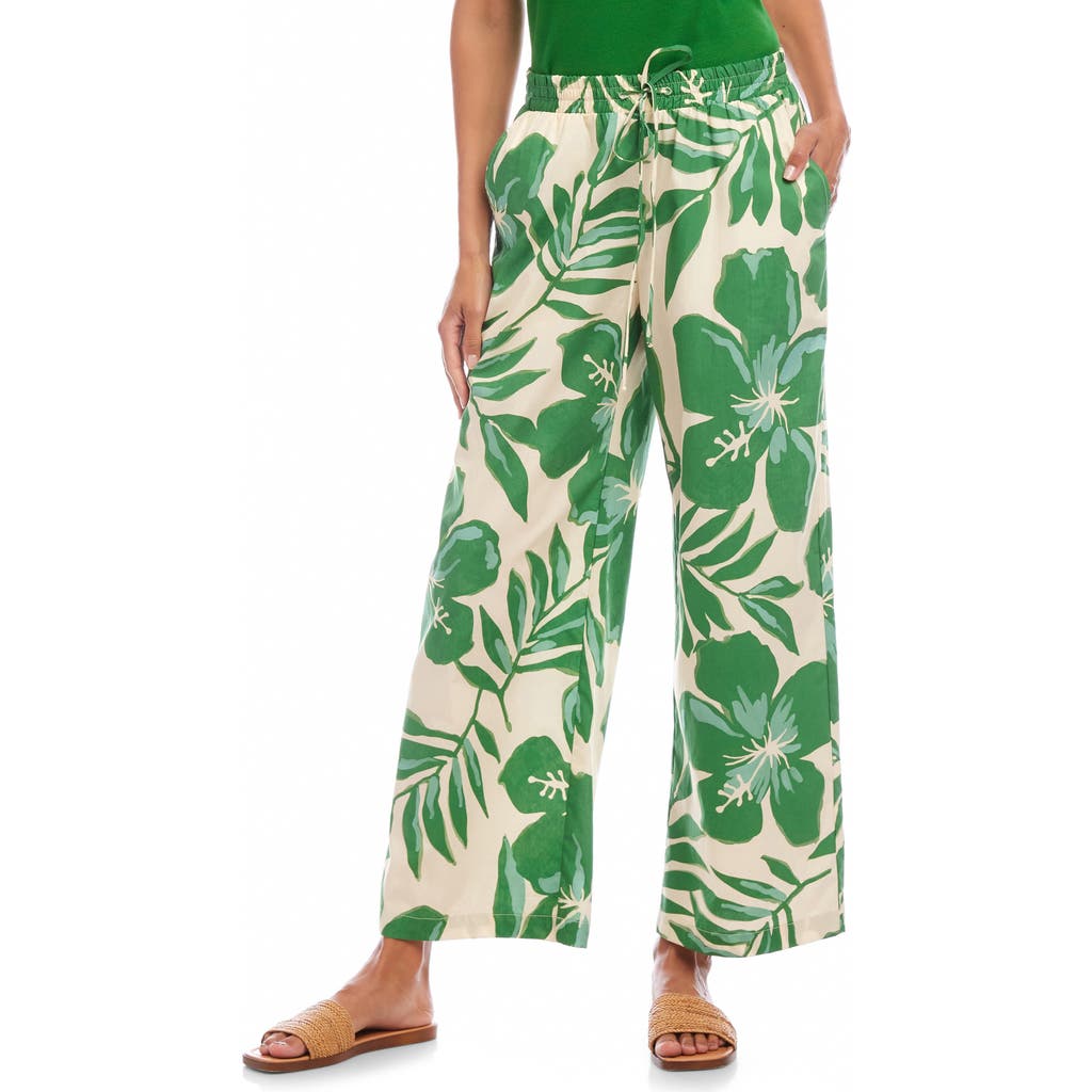 Karen Kane Floral Wide Leg Cotton Drawstring Pants In Green