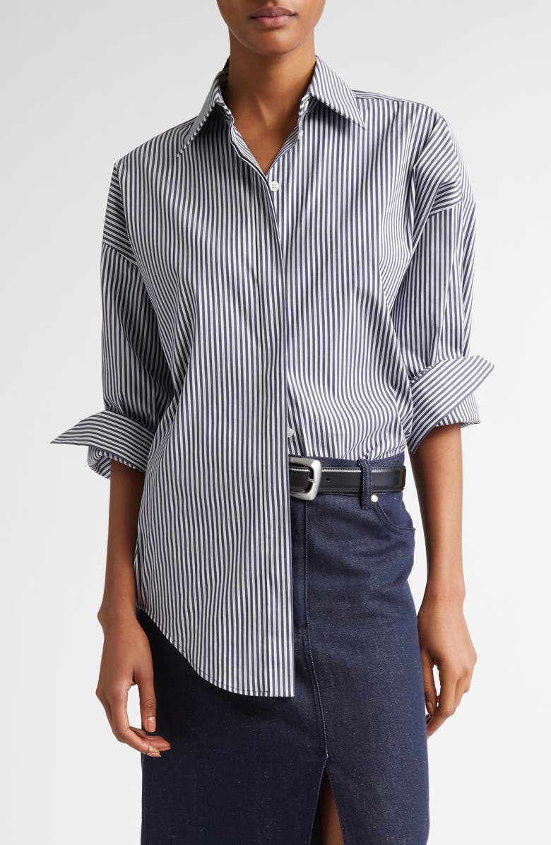 Michael Kors Collection Wedge Oversize Pinstripe Button-Up Shirt, Main, color,