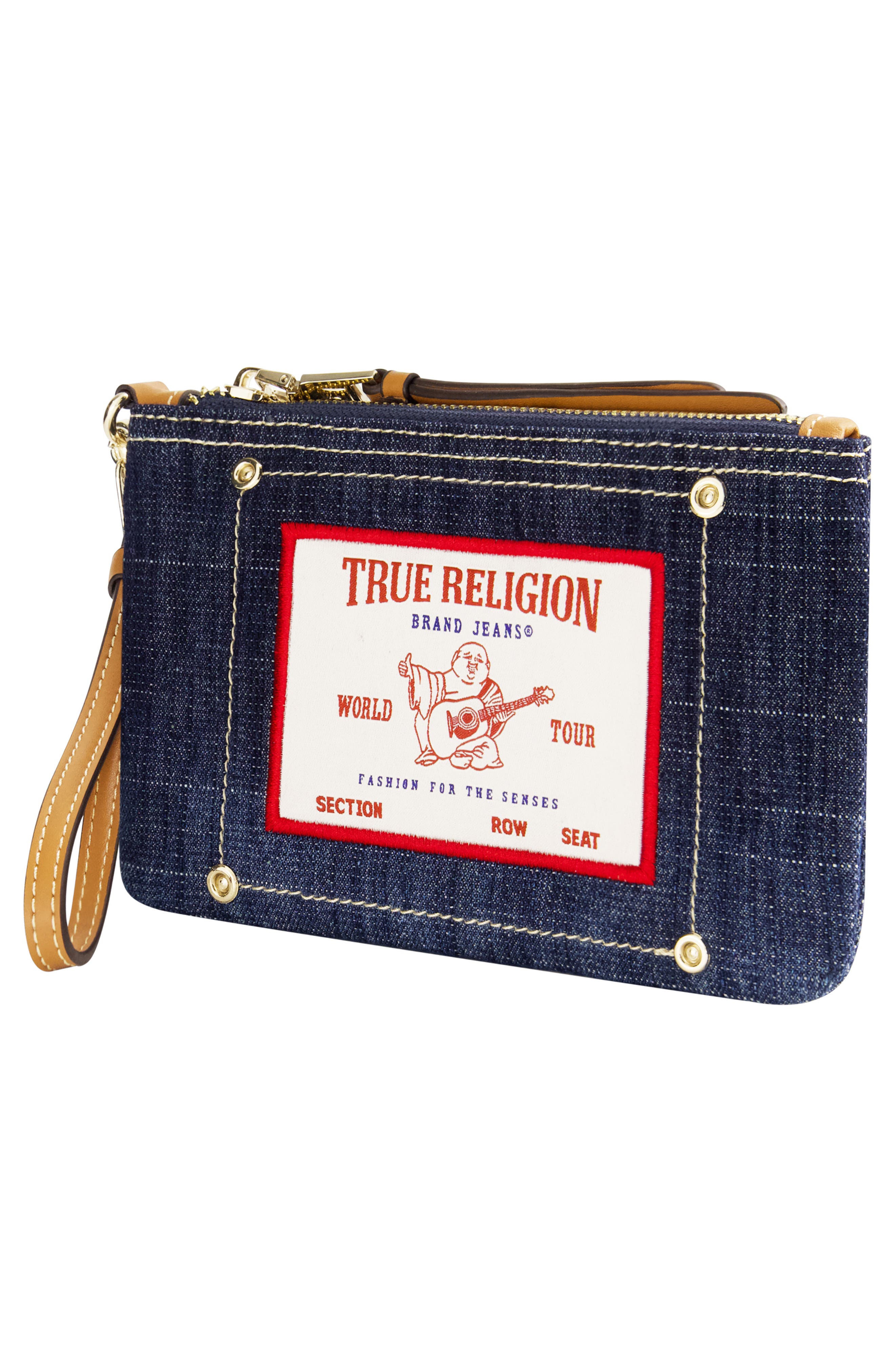 Buddha Patch Denim Wristlet, Alternate, color, DARK DENIM