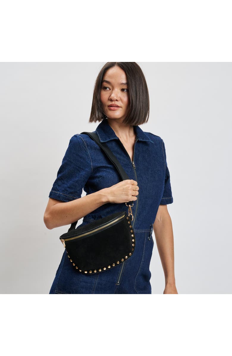 URBAN EXPRESSIONS HANDBAGS Gizelle Suede Crossbody Belt Bag for Stylish Women, Main, color, Black