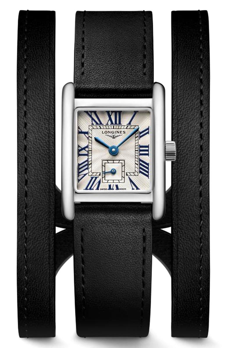 Longines Mini DolceVita Three-Row Black Leather Strap Watch, 21.5mm x 29mm, Main, color, Silver