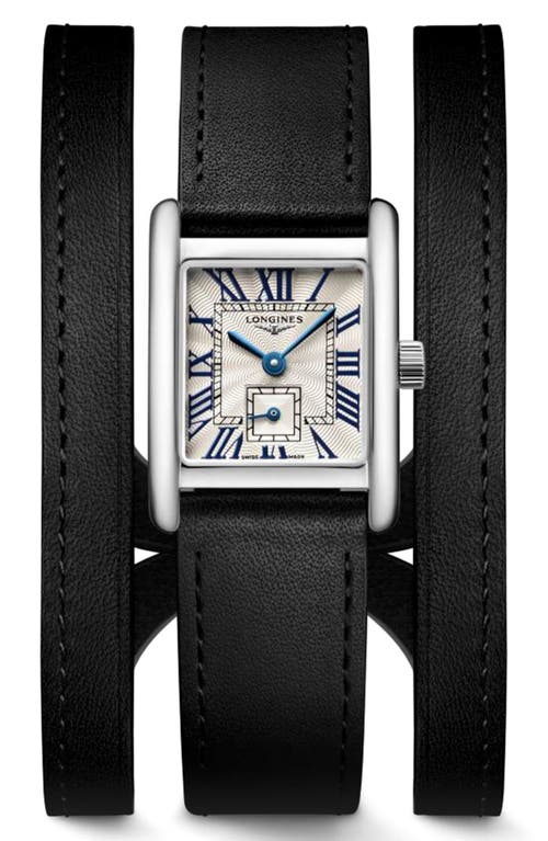 Longines Mini Dolcevita Three-row Black Leather Strap Watch, 21.5mm X 29mm In Silver