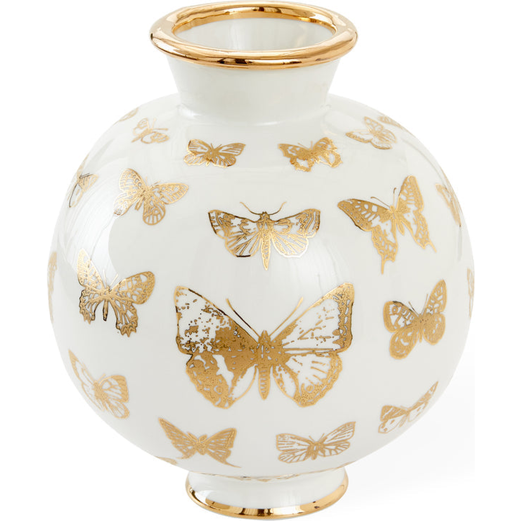Jonathan Adler Botanist Butterfly Round Vase In White/gold