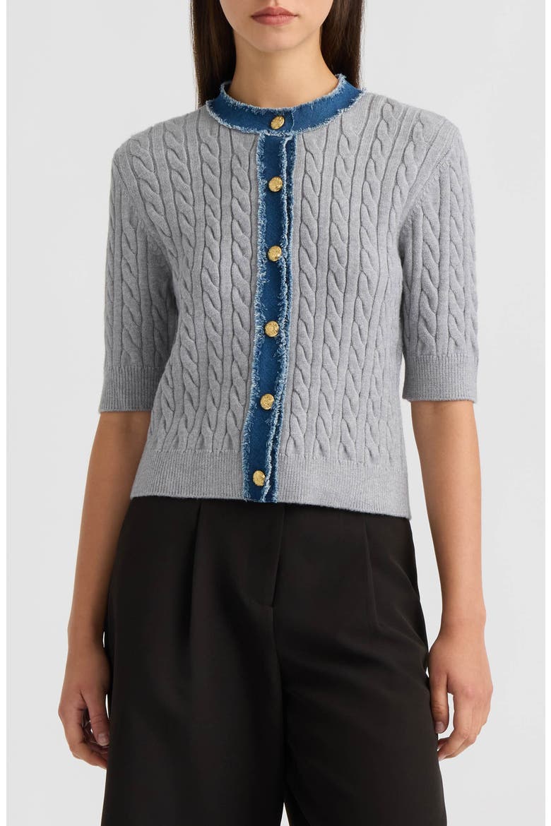 Cable Cardigan with Denim Trim, Main, color, LIGHT GREY MIX