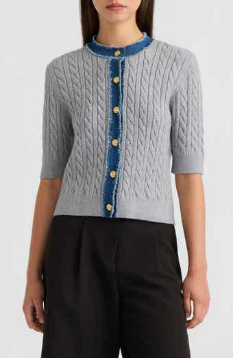 Cable Cardigan with Denim Trim