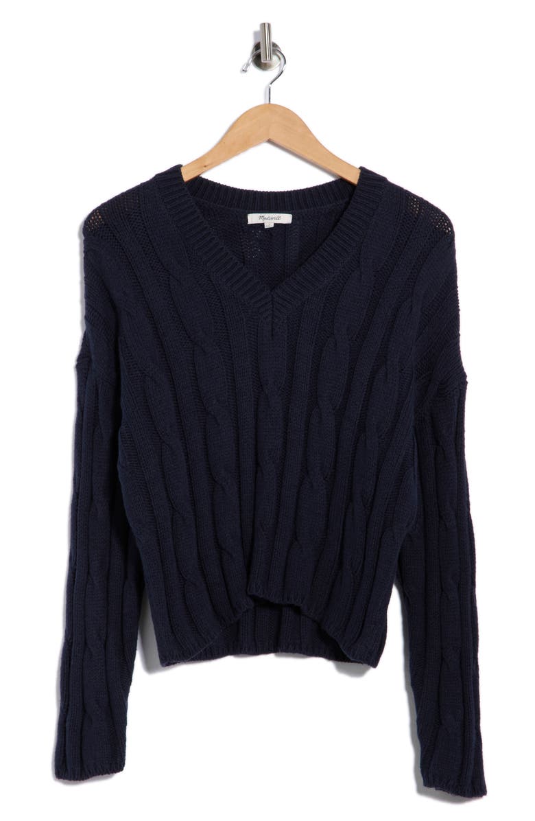 Madewell Cable Knit V-Neck Crop Sweater, Alternate, color, Deep Indigo