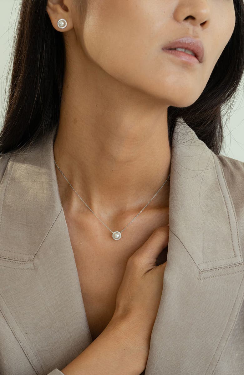 Bearfruit Jewelry Sterling Silver 18k Gold Plated Eleanor Single Cultured Pearl Necklace & Stud Earrings Set, Alternate, color, Silver