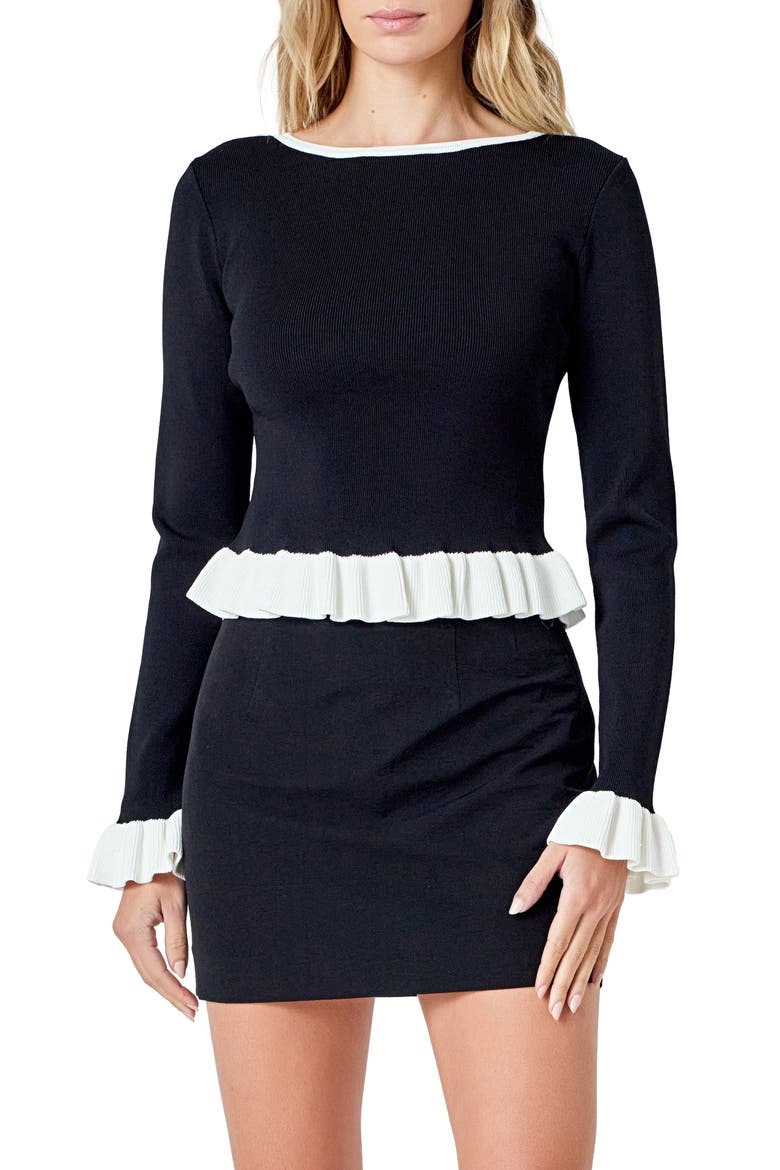 Rib Contrast Ruffle Trim Top, Main, color, BLACK
