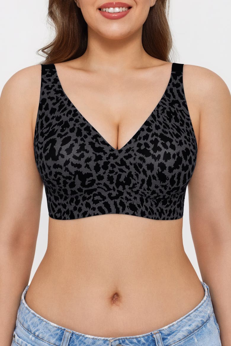 Seamless Wireless Jelly Leopard Contour Minimizer Support Bra, Alternate, color, Black Leopard