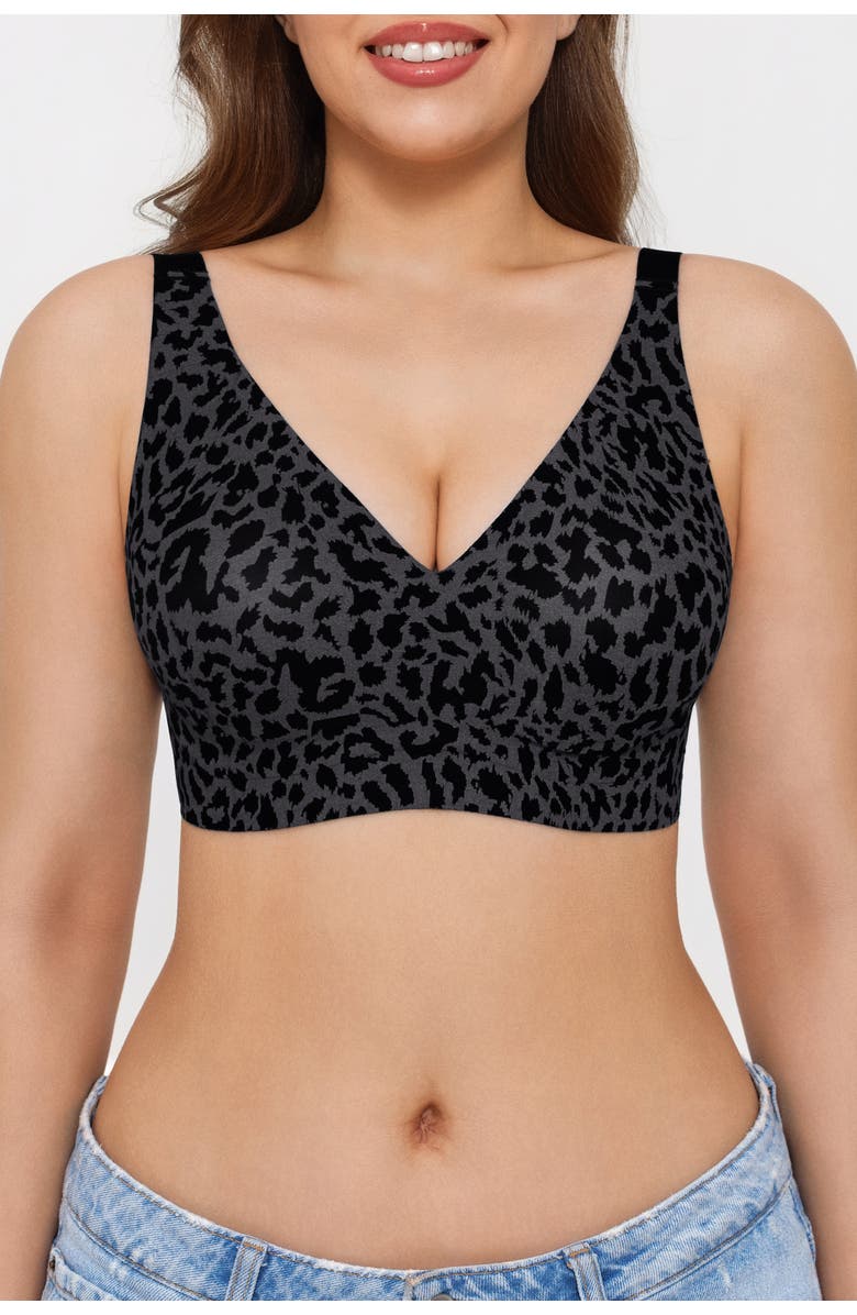 Popilush Seamless Wireless Jelly Leopard Contour Minimizer Support Bra, Alternate, color, Black Leopard