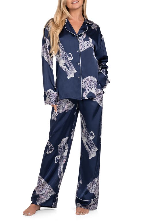 Midnight Bakery Snow Leopard Satin Pajamas in Navy 