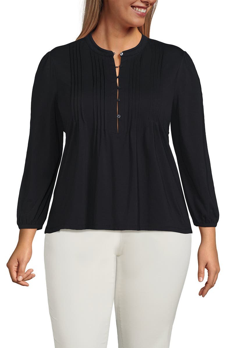 Lands' End Lightweight Jersey Button Pintuck Top, Main, color, Black