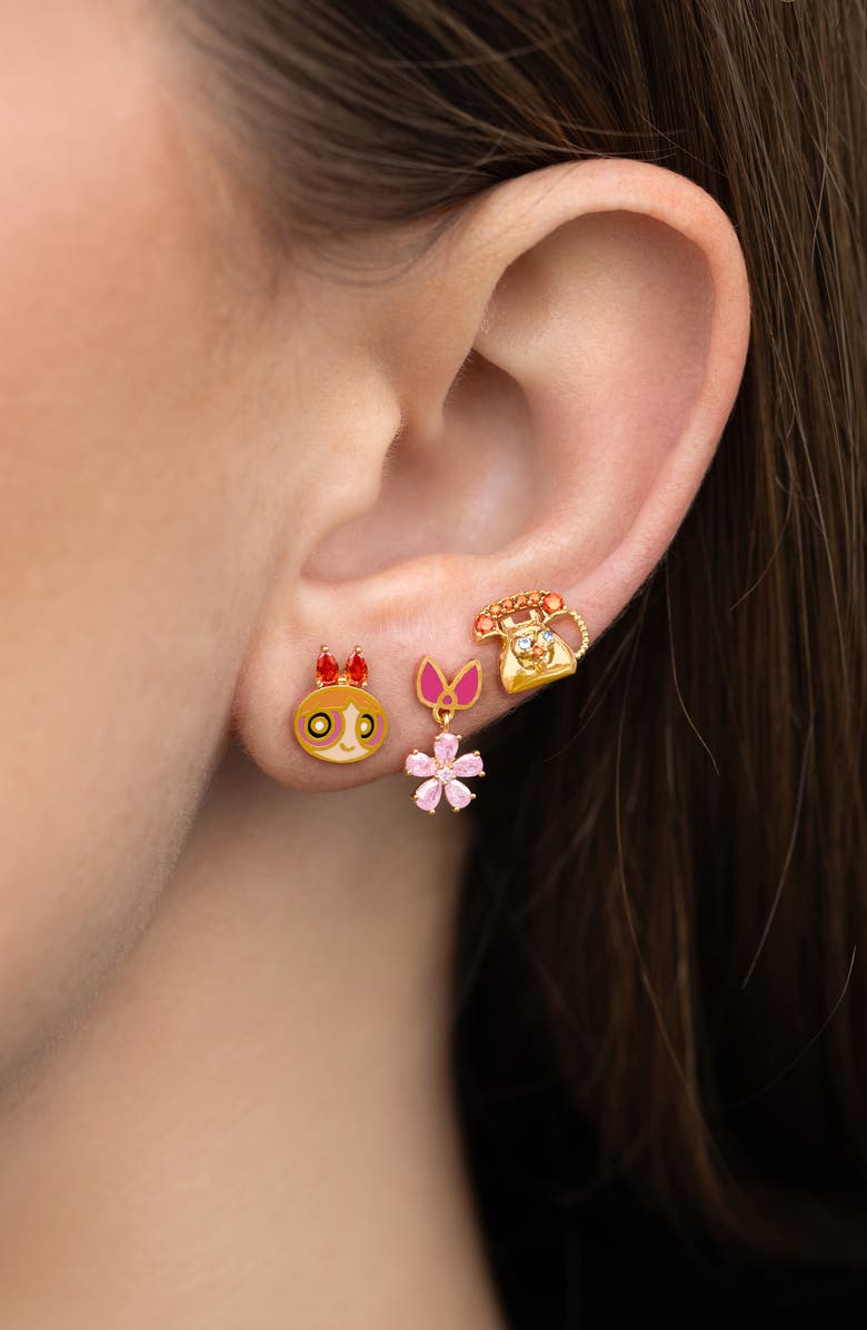Girls Crew The Powerpuff Girls Blossom Set of 3 Single Stud Earrings, Alternate, color, Gold