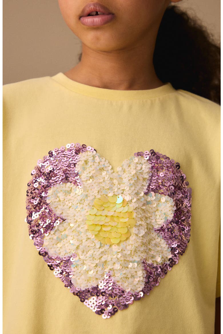 Kids' Daisy Heart Sequin Cotton T-Shirt, Alternate, color, YELLOW