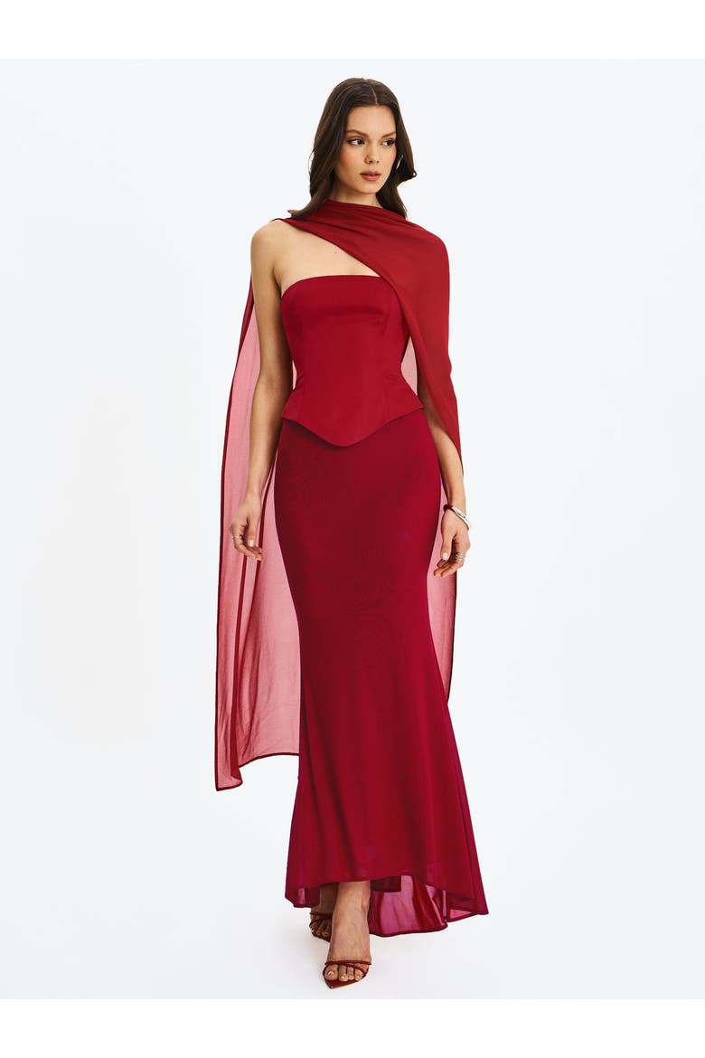 Giselle Peplum Mermaid Gown with Chiffon Scarf, Alternate, color, Crimson