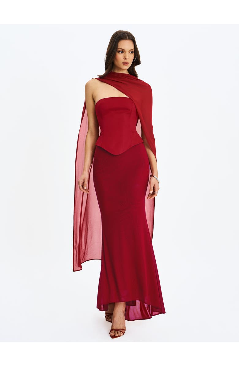Miss Circle Giselle Peplum Mermaid Gown with Chiffon Scarf, Alternate, color, Crimson