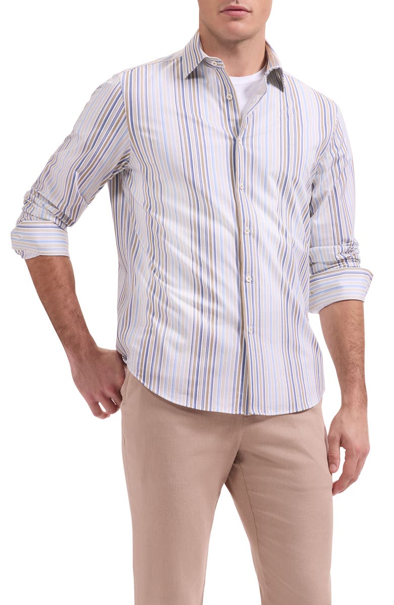 Bugatchi James OoohCotton<sup>®</sup> Stripe Print Button-Up Shirt, Main, color, Walnut