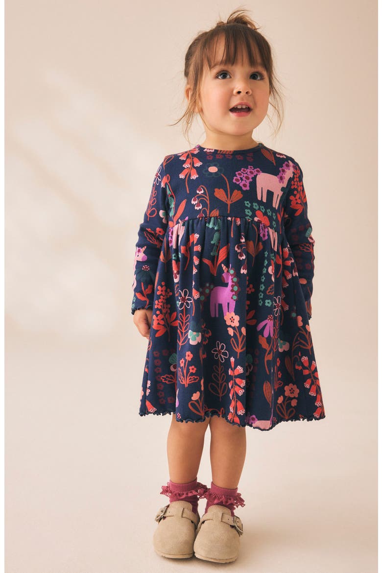 Kids' Unicorn Print Rib Jersey Dress, Alternate, color, BLUE