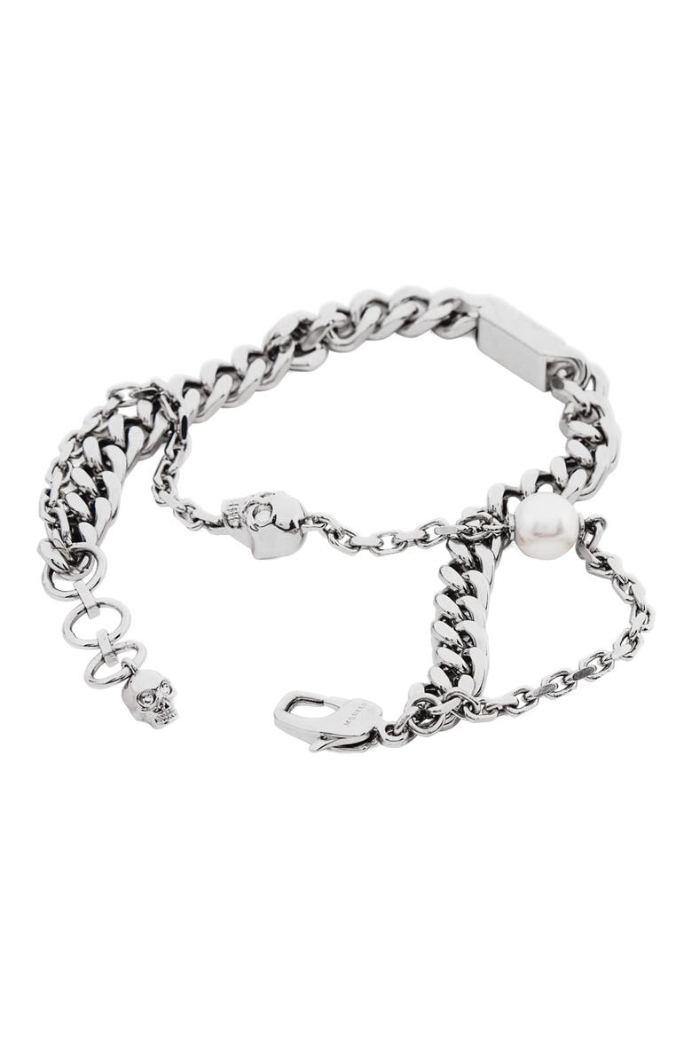 Men's Skull, Crystal & Faux Pearl Bracelet, Alternate, color, CRYSTAL/ PEARL