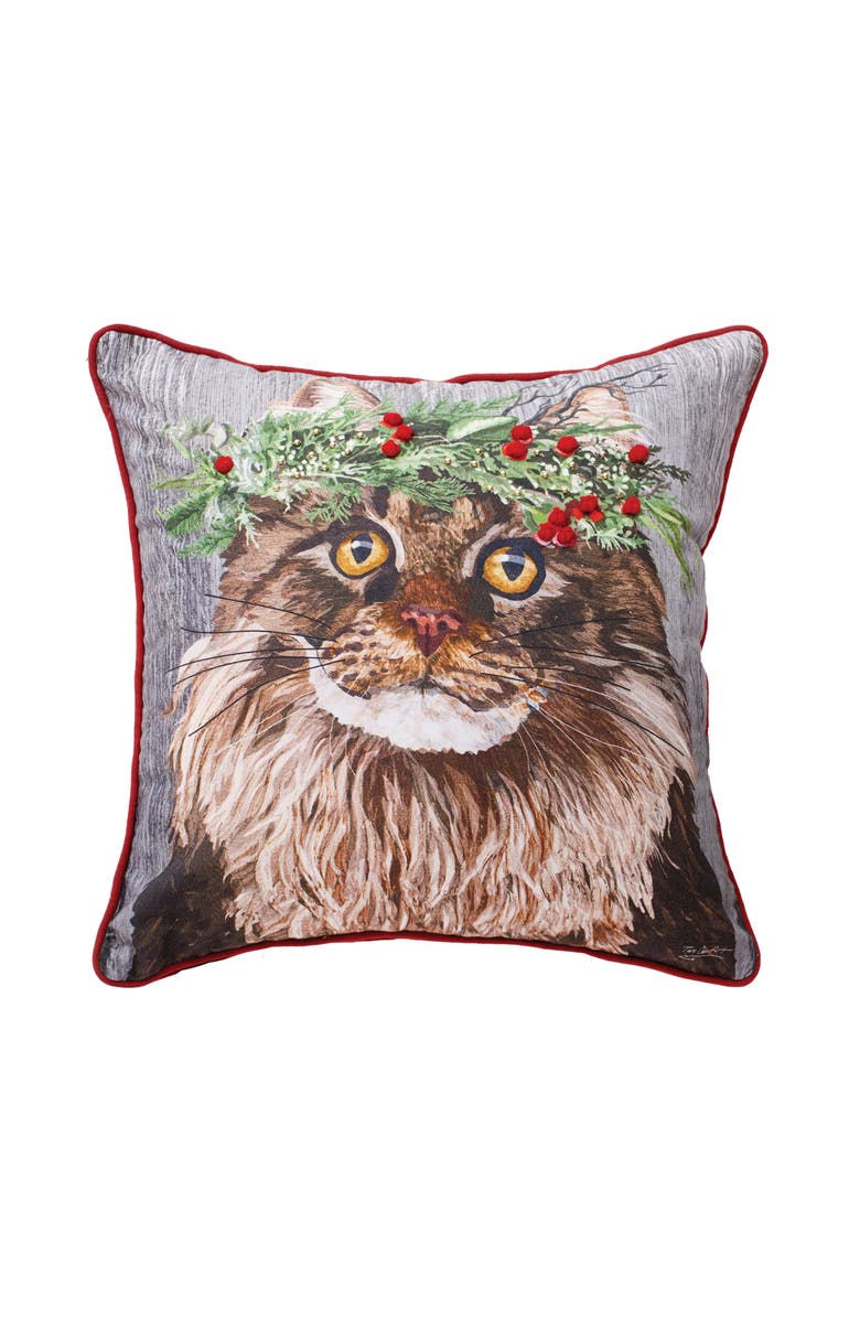C&F Home Cat Wearing Holly Crown Printed & Embellished Christmas Accent Pillow, 18" x 18", Main, color, Brown