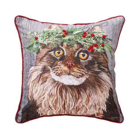 Cat Wearing Holly Crown Printed & Embellished Christmas Accent Pillow, 18" x 18"