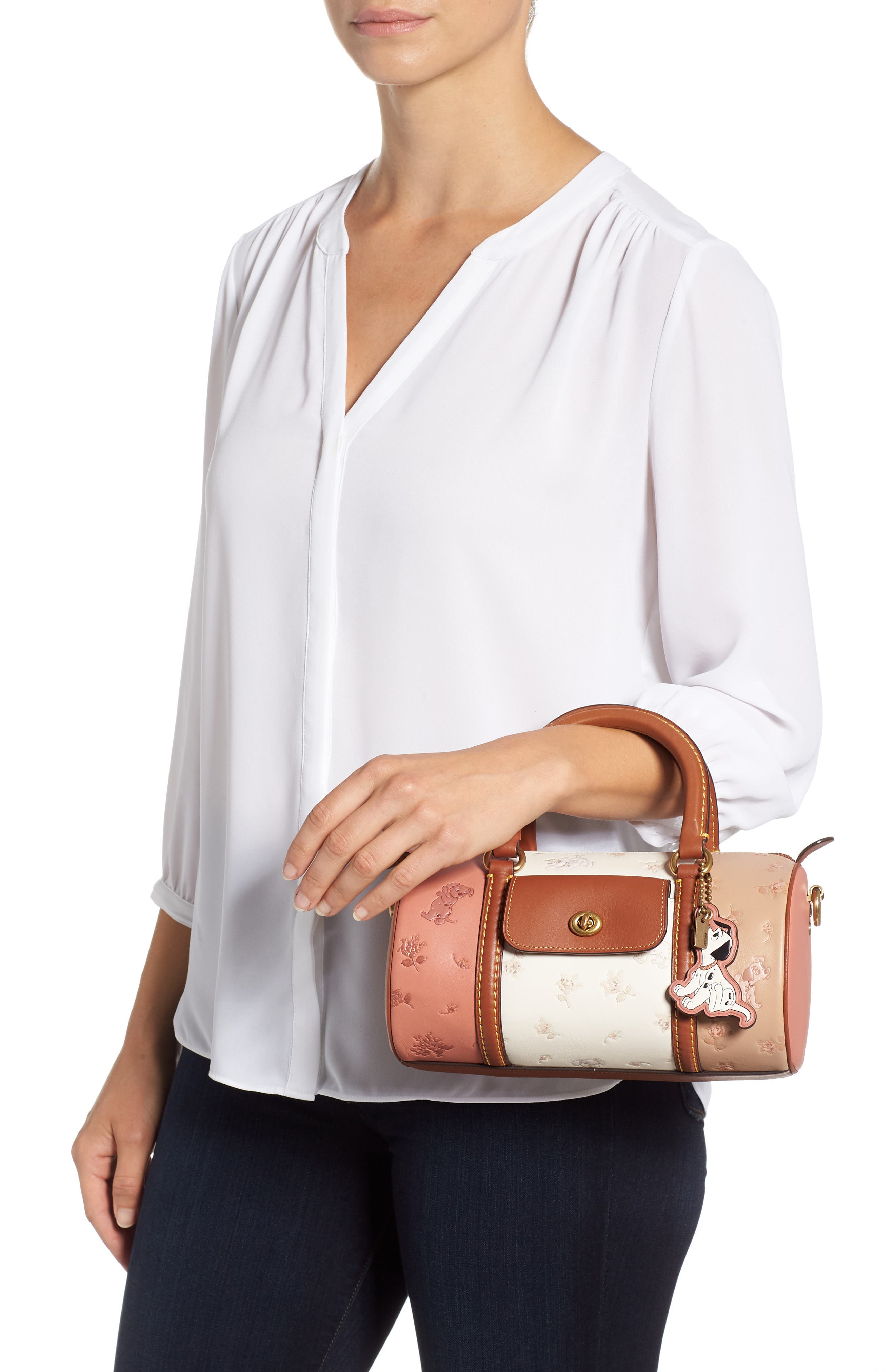 Disney x COACH 101 Dalmatians Leather Barrel Bag, Alternate, color, NUDE PINK MULTI