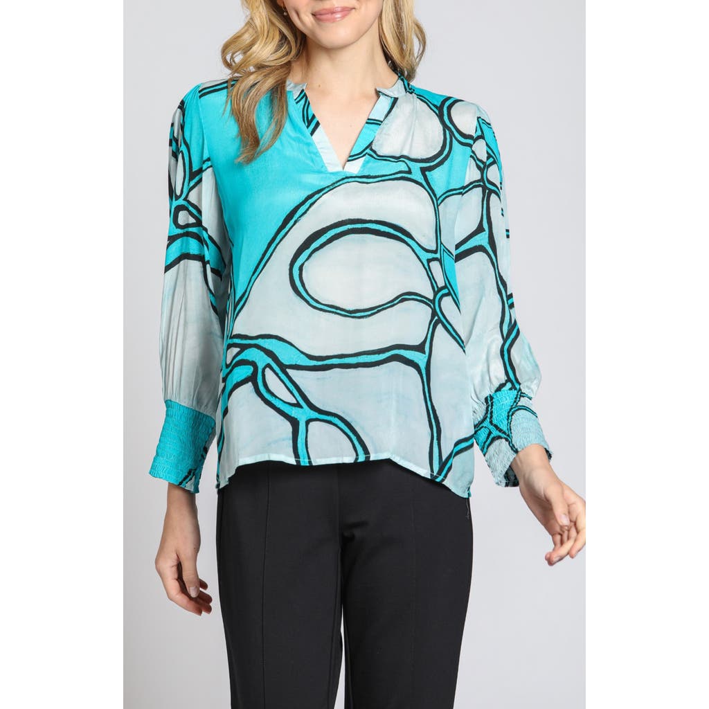 Apny Print Smocked Cuff Top In Turquoise Multi