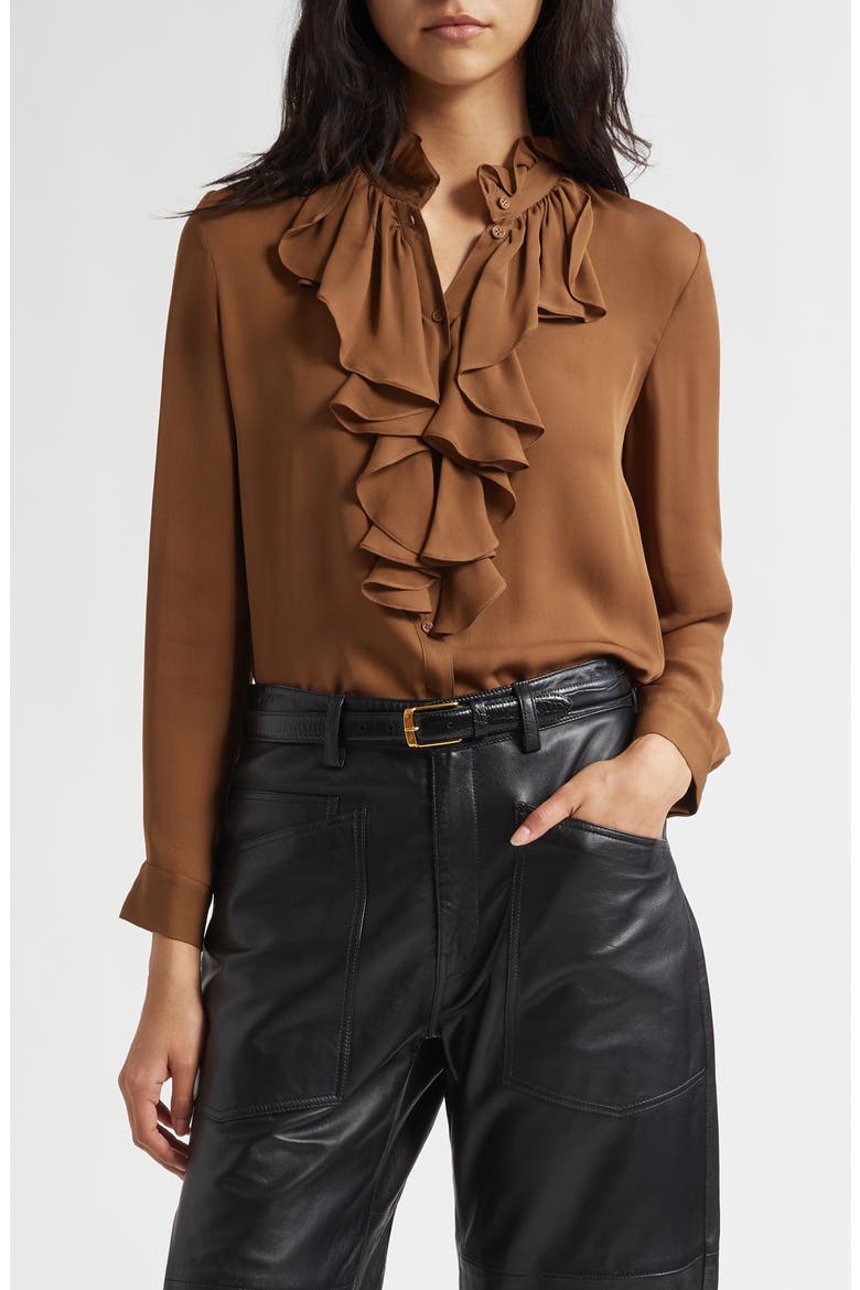 Lily Ruffle Silk Shirt, Main, color, COGNAC