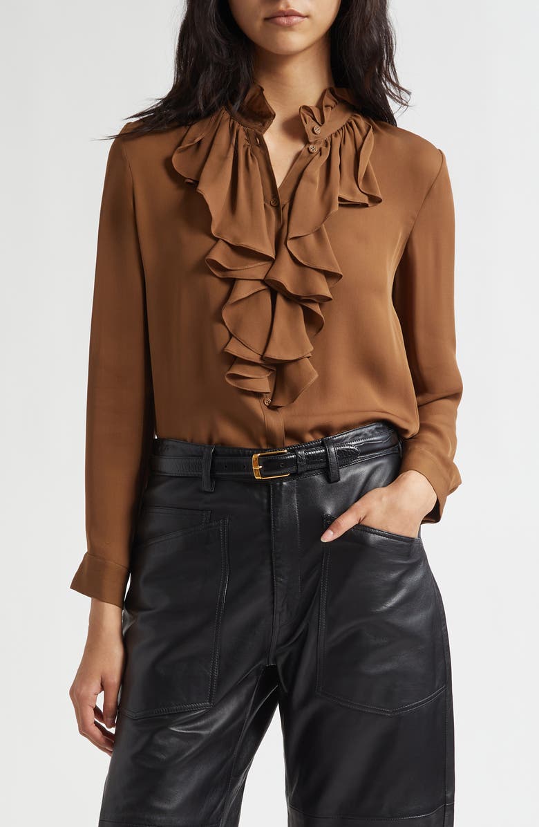 Nili Lotan Lily Ruffle Silk Shirt, Main, color, Cognac