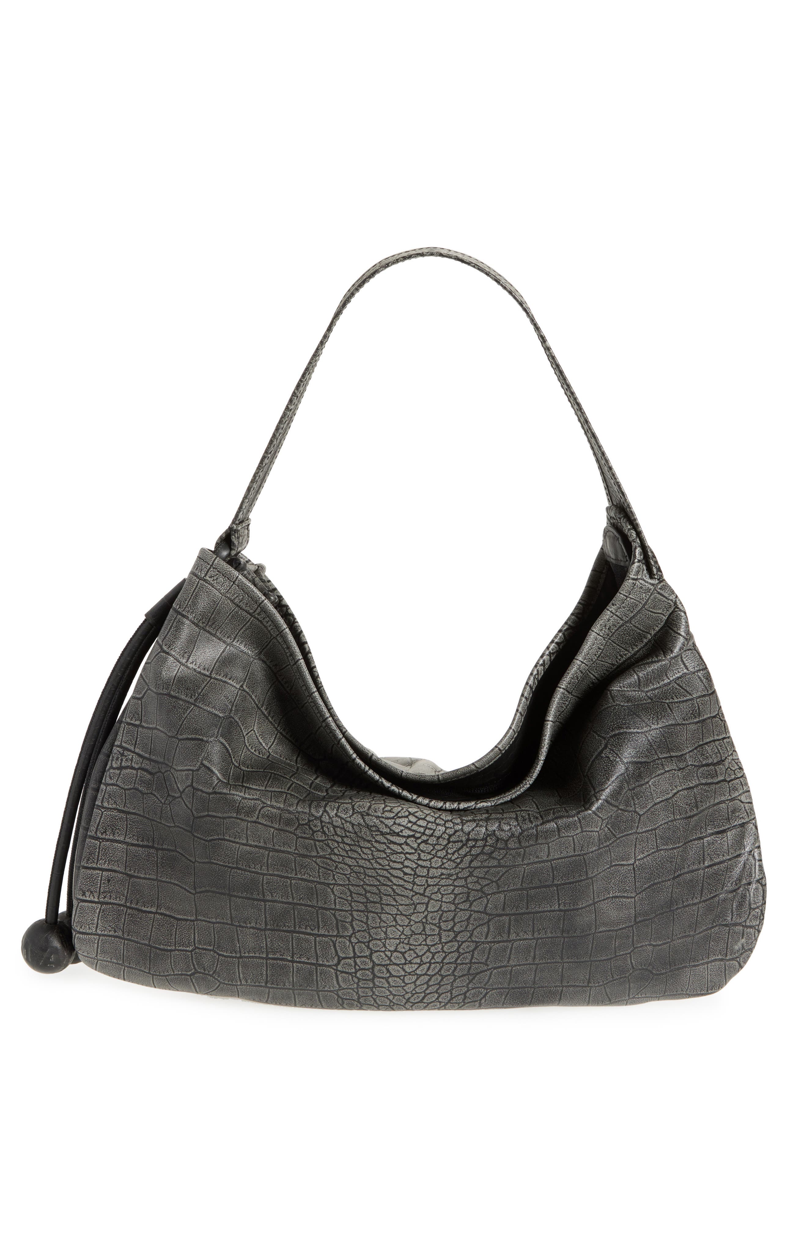 Marni Medium Croc Embossed Leather Hobo Bag, Alternate, color, 00N99 Black