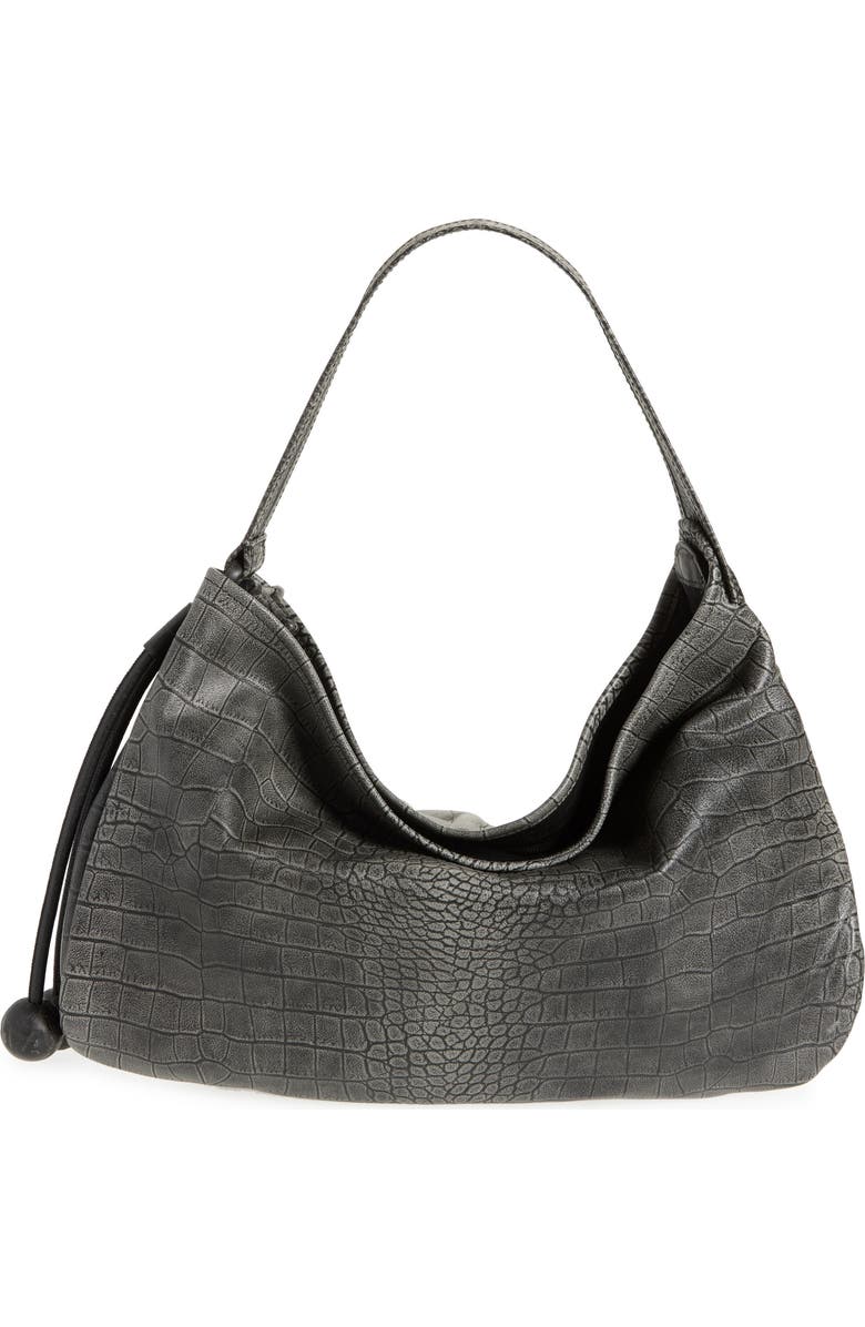 Marni Medium Croc Embossed Leather Hobo Bag, Alternate, color, 00N99 Black