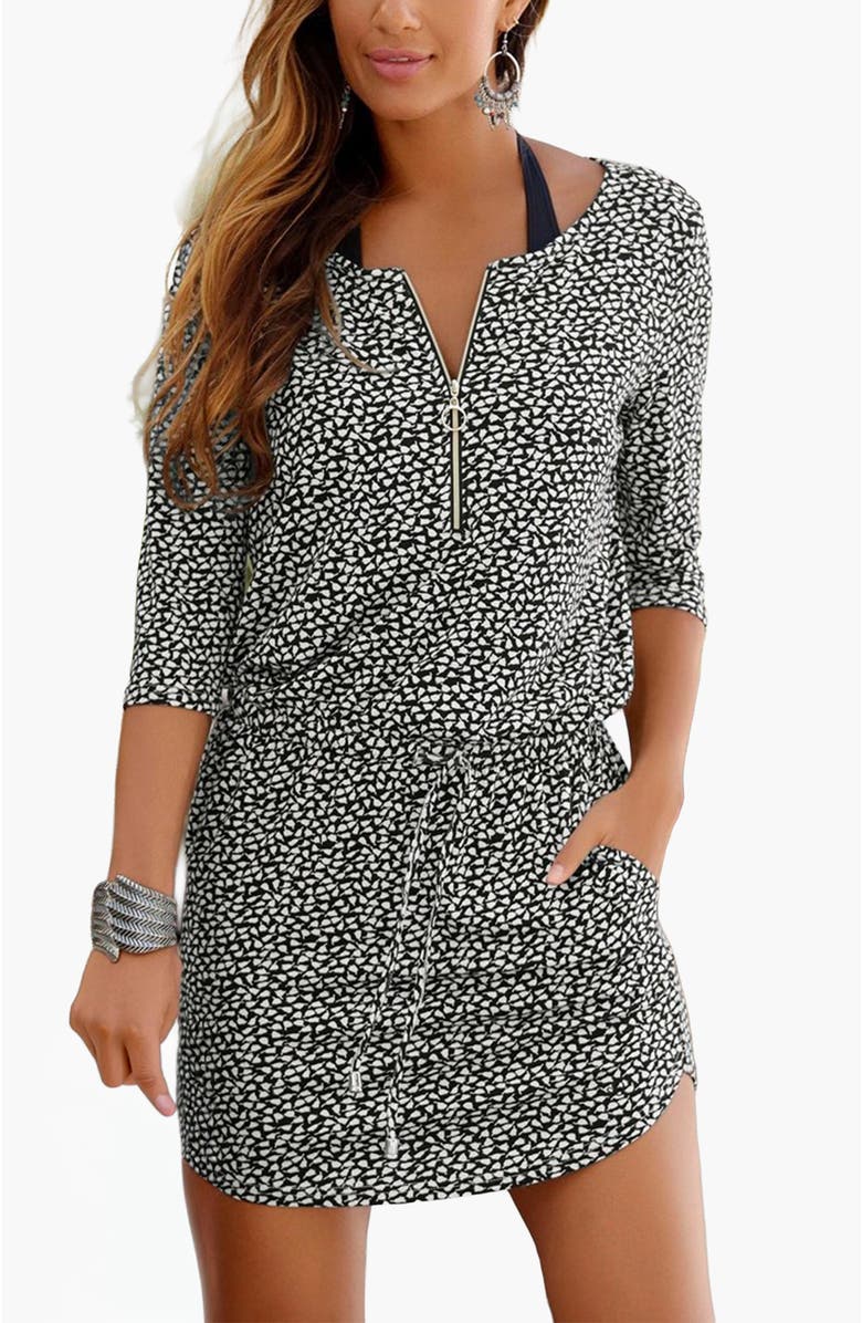 LASCANA Women's Zip Detail Dress, Main, color, Black Printed