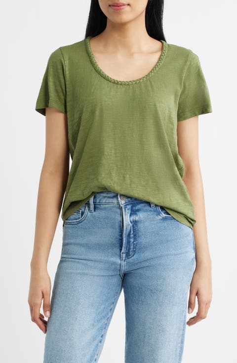 Braided Neck Relaxed Fit Cotton T-Shirt