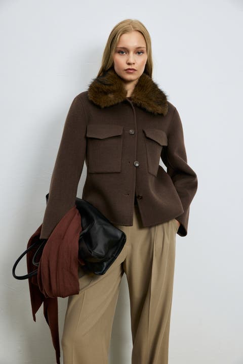 Lufian Women's Wool-blend Button-front Shirt Jacket With Removable Fur Collar