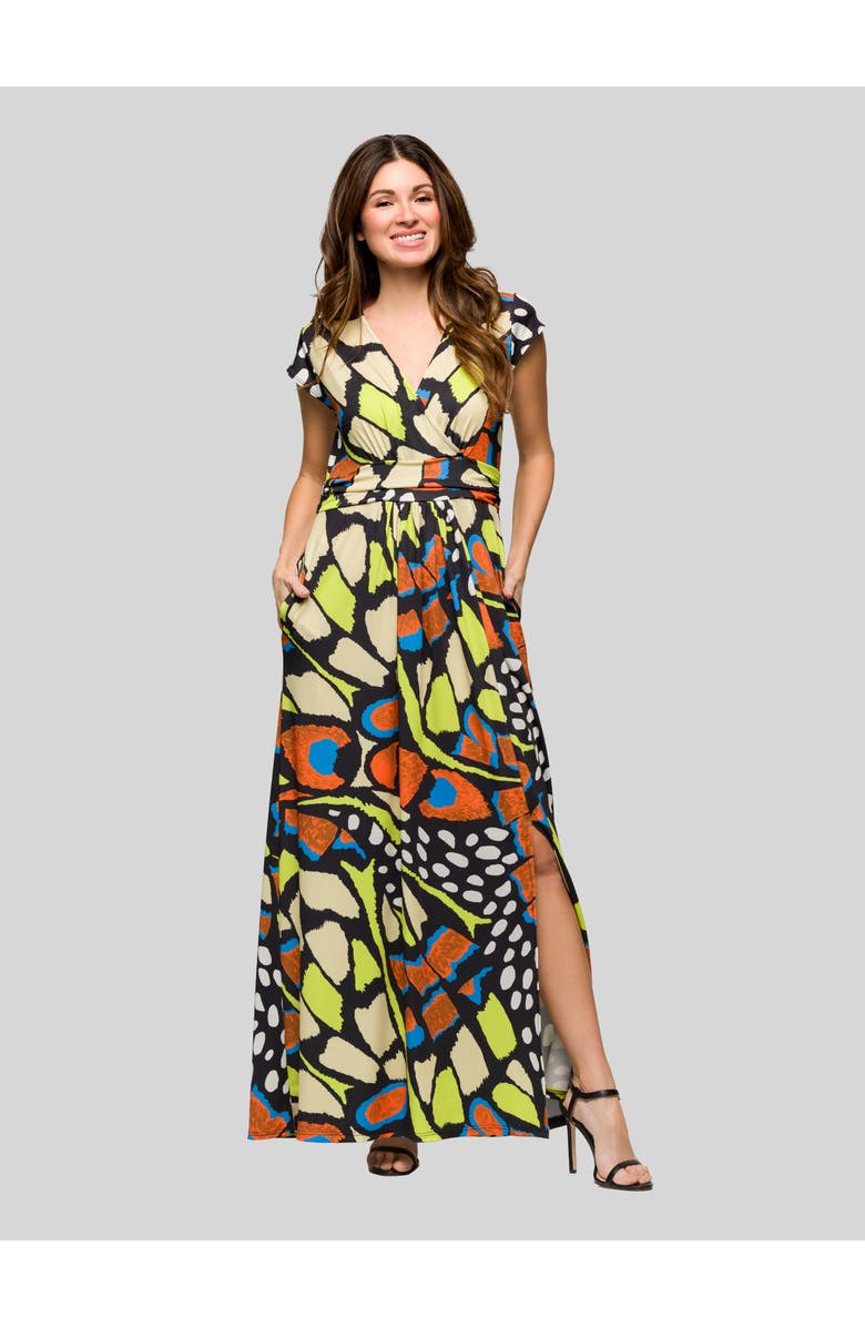 24seven Comfort Apparel Cap Sleeve Black and White V-Neck Knee Length Pocket Dress, Main, color,