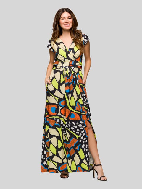 Cap Sleeve Black and White V-Neck Knee Length Pocket Dress